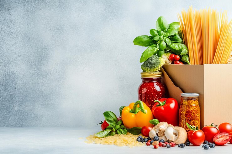 Foto caja de cartão com alimentos saludables como pasta vegetais y salsas para una comida equilibrada
