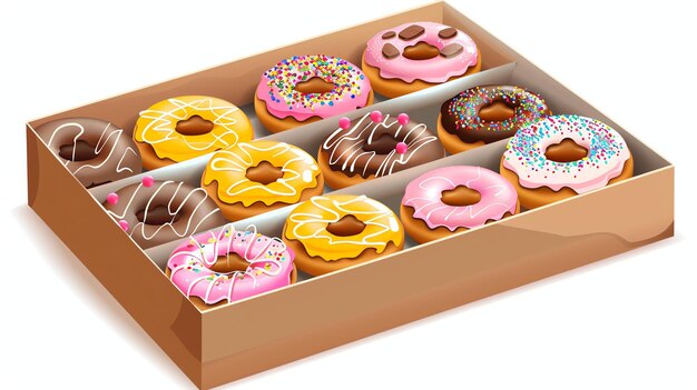 Una caja de deliciosas rosquillas Hay 12 rosquillas en la caja en una variedad de sabores