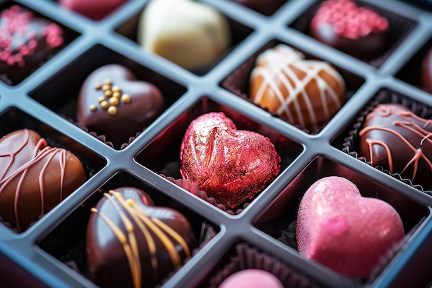 Caja de diferentes chocolates de lujo hechos a mano de fondo