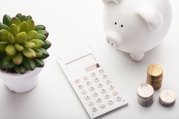 Una caja de dinero y una calculadora electrónica.