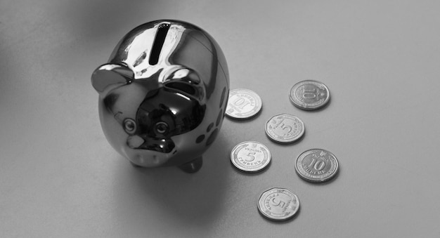 Foto caja de dinero de cerdo pintada de plata con monedas ucranianas esparcidas aisladas en blanco