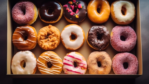 Una caja de donas de diferentes sabores incluyendo una con una docena de ellas.