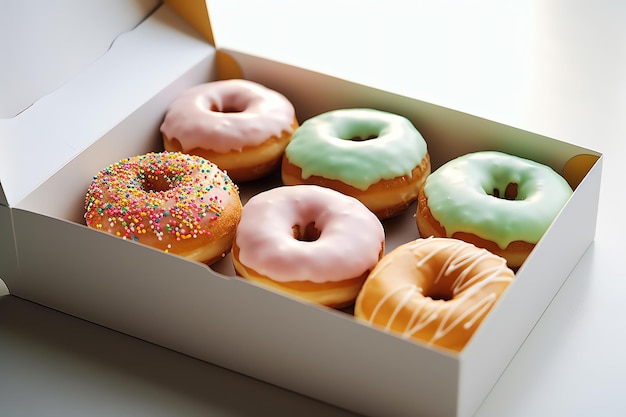 Una caja de donuts con glaseado verde y amarillo y chispas.