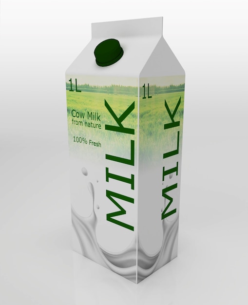 Caja de embalaje de cartón de leche aislada en una ilustración de renderización 3D blanca