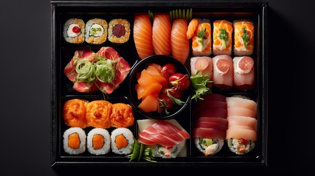 Una caja de entrega de sushi repleta de exquisitos rollos