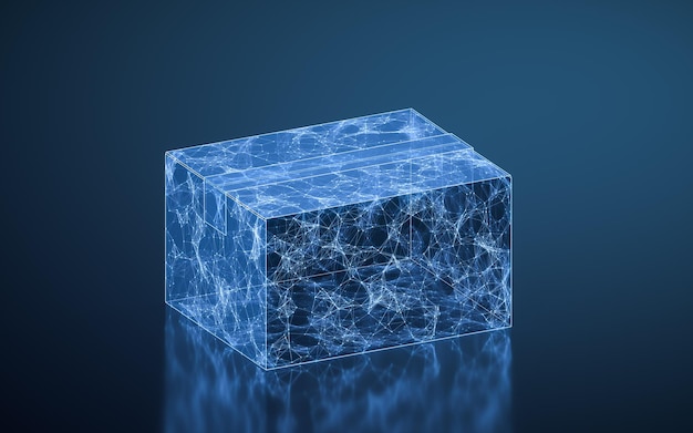 Caja con estructura transparente azul con representación en 3D