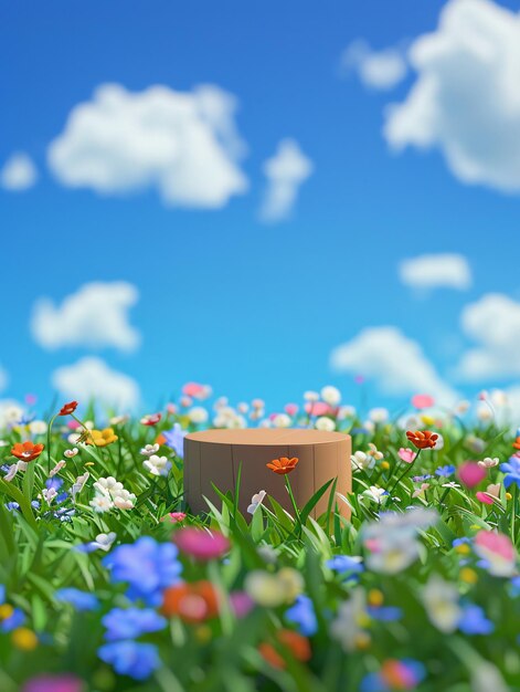 una caja con una flor en el medio de ella 3D renderización minimalista primavera al aire libre fresco escenario de comercio electrónico