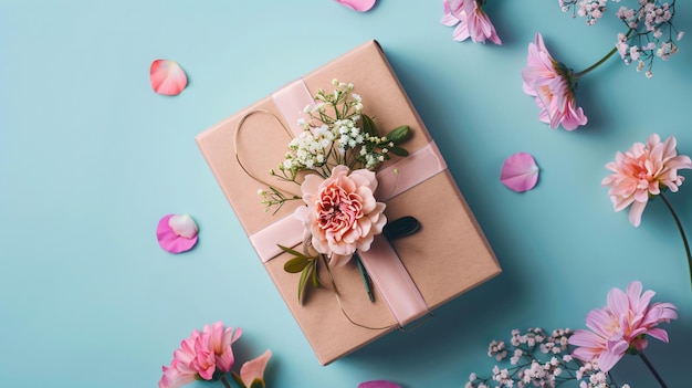 una caja con flores y una cinta en ella