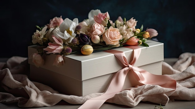 Una caja con flores y una cinta rosa.