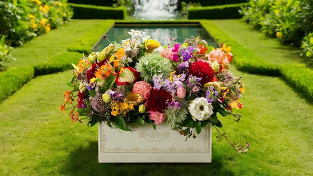 Caja de flores en el jardín verde