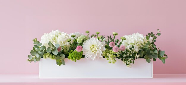 caja de flores rectangular blanca con brassicatracheliumdianthuseucalyptuslisianthussedumdahlia blanca y rosada en una escala de fondo rosado copia espacial florística concepto jardinería diseño del paisaje