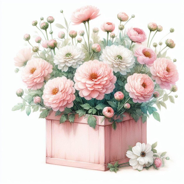 Foto caja de flores rosas con flores
