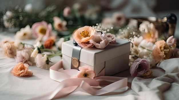 Una caja con flores se sienta sobre una mesa.