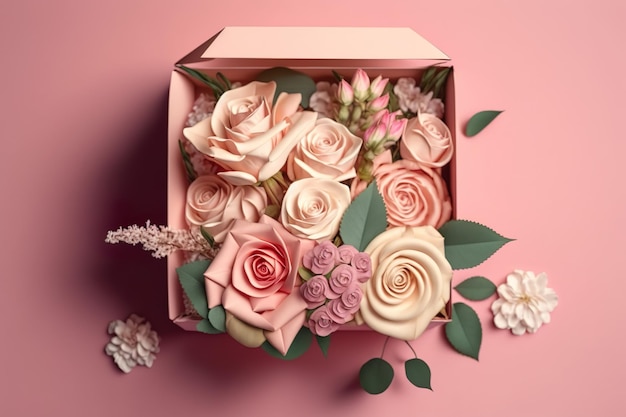 Una caja de flores sobre un fondo rosa.