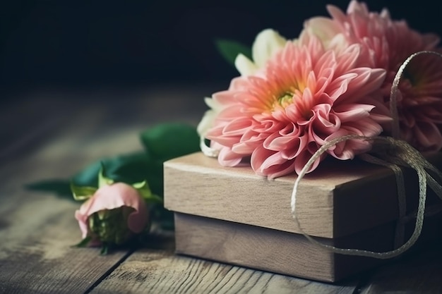 Una caja de flores sobre una mesa de madera