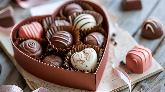 Foto caja en forma de corazón de chocolates con una variedad de sabores deliciosos