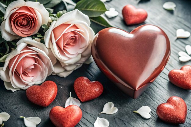 una caja en forma de corazón con corazones y flores en un fondo oscuro