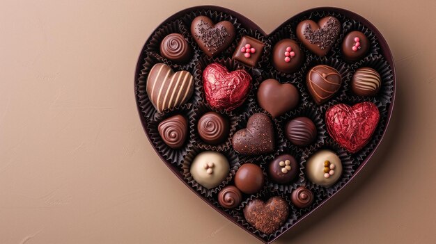 Caja en forma de corazón con deliciosos caramelos de chocolate sobre un fondo beige