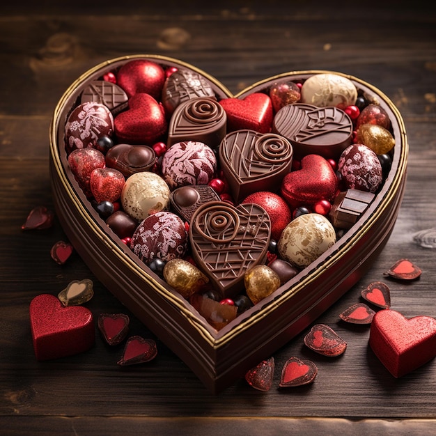 Caja en forma de corazón con dulces de chocolate y flores sobre fondo de color