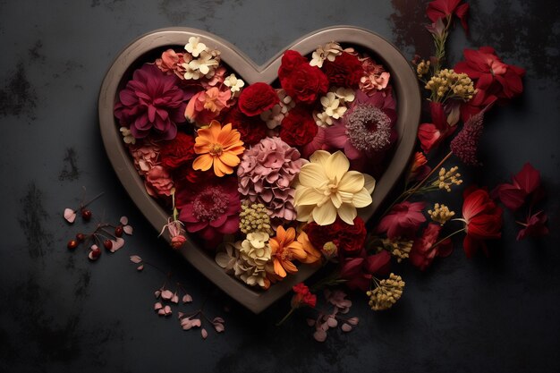 Caja en forma de corazón con flores de colores en la vista superior de fondo oscuro
