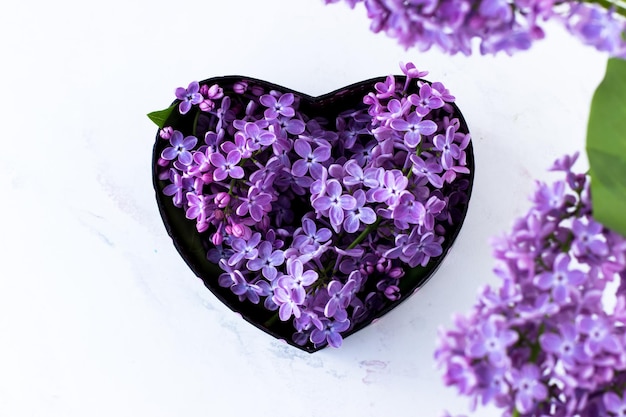 Una caja en forma de corazón con lilas dentro Hermosa caja negra con lunares rosas sobre un fondo blanco