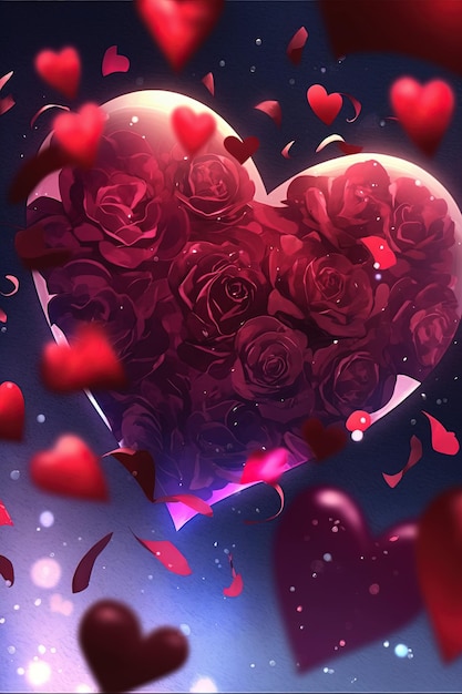 Foto una caja en forma de corazón llena de muchas rosas rojas ia generativa