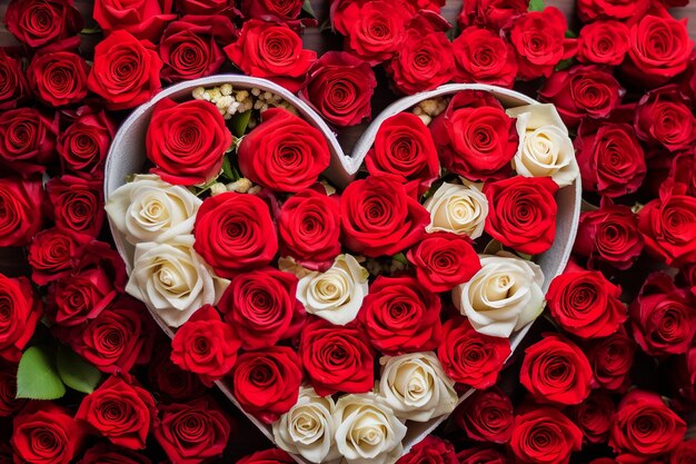 Foto caja en forma de corazón llena con rosas rojas fondo de san valentín
