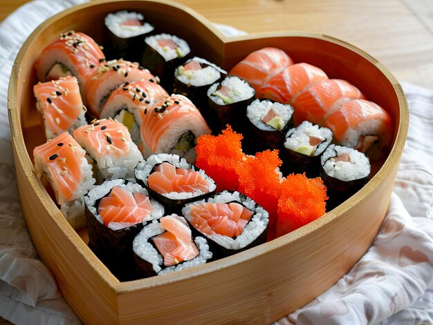 Foto una caja en forma de corazón llena de sushi y otros alimentos