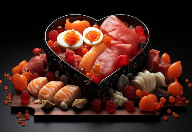 Foto caja en forma de corazón llena de varios alimentos.