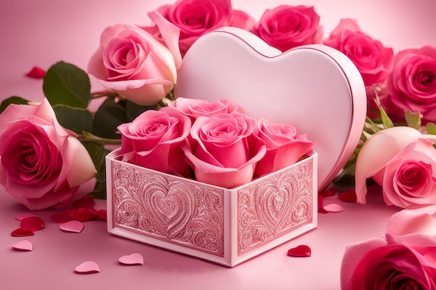 Caja en forma de corazón y rosas en un fondo rosado Romántico Día de San Valentín Tarjeta de felicitación espacio de copia AI generativa