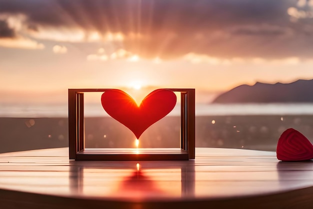 Una caja en forma de corazón con el sol detrás.