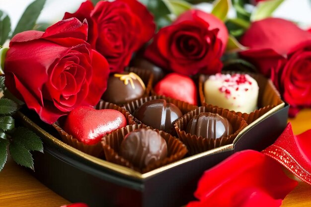 Foto caja en forma de corazón de trufas de chocolate con rosas rojas generativa ai