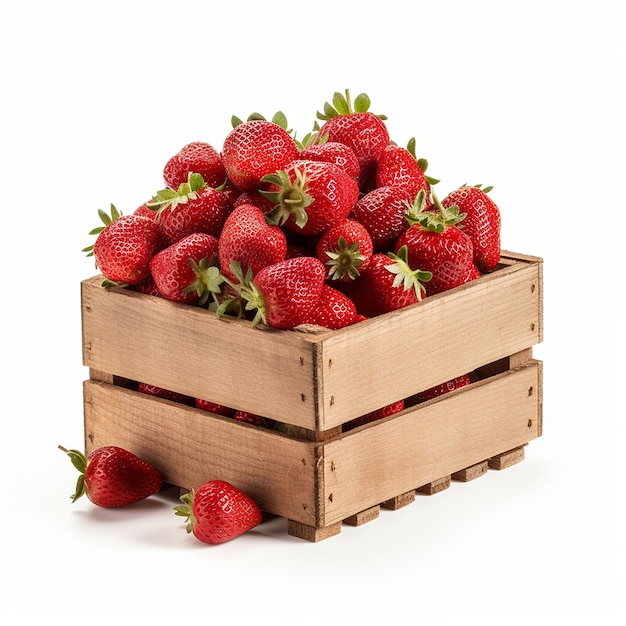 Caja de fresas sobre un fondo blanco