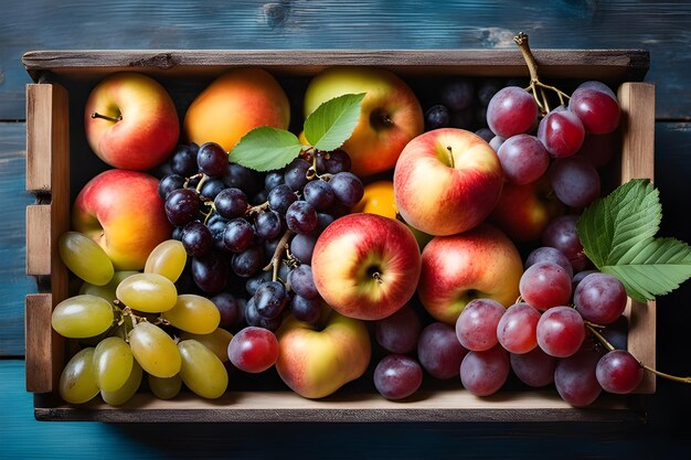 Foto caja de frutas en un fondo de madera rústica de color azul