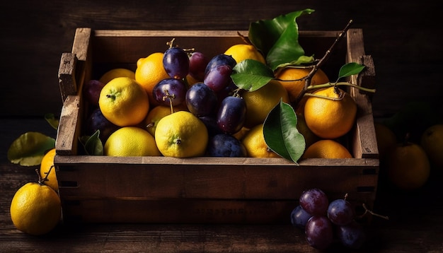 Una caja de frutas con un racimo de ciruelas y un racimo de uvas.