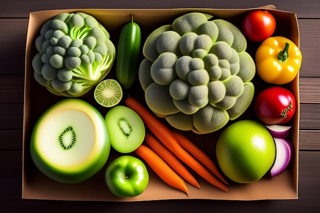 Una caja de frutas y verduras que incluye pepino, brócoli y zanahorias.