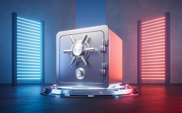Caja fuerte con luces de neón brillantes representación 3D dibujo digital