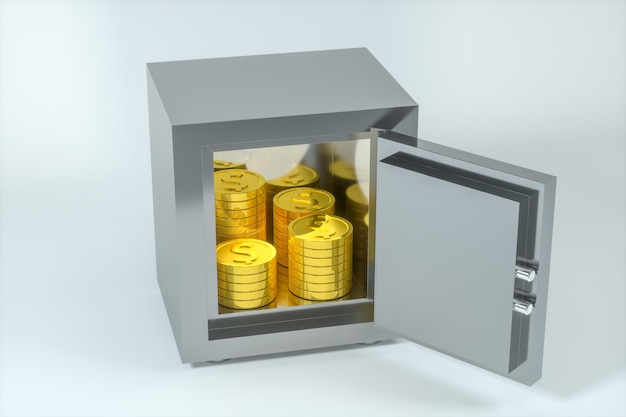 Foto caja fuerte mecánica con monedas doradas brillantes dentro de la representación 3d