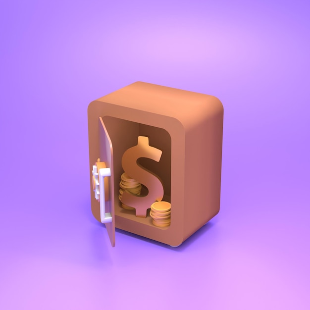 Caja fuerte con monedas de oro y signo de dólar. Concepto de ahorro de finanzas. Ilustración de render 3d