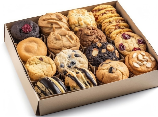 Caja de galletas con chocolate y mantequilla de maní aislado sobre un fondo blanco.