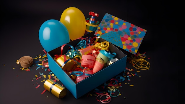 Una caja de globos y confeti está sobre un fondo negro.