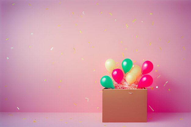 Una caja con globos y confeti en la pared.