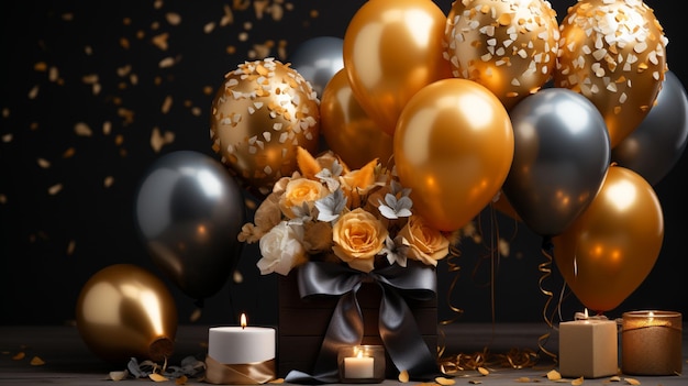 Una caja de globos con una vela encendida y una caja de flores con una vella encendida