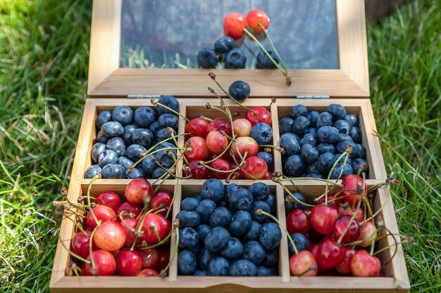 La caja grande está llena de arándanos y cerezas.