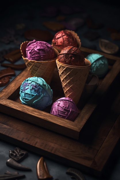 Una caja de helado con helado morado y azul.