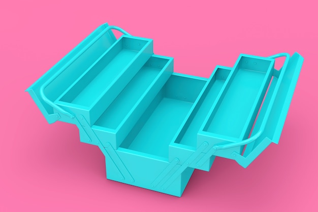 Caja de herramientas clásica de metal azul en estilo duotono sobre un fondo rosa. Representación 3D