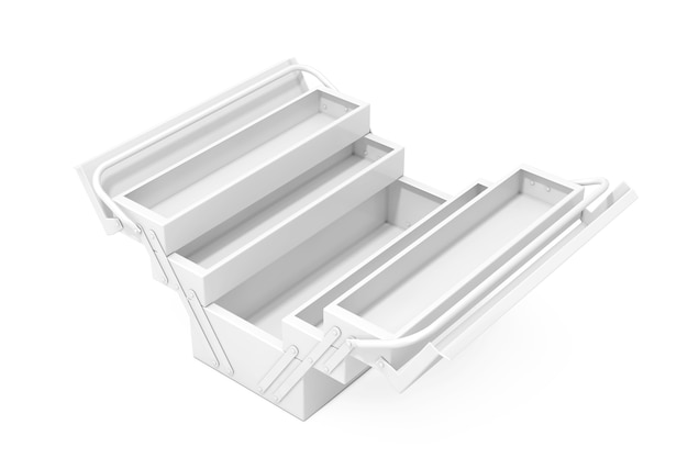 Caja de herramientas clásica de metal blanco en estilo arcilla sobre un fondo blanco. Representación 3D