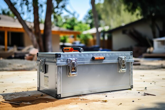 caja de herramientas metálicas en el sitio de construcción de la casa