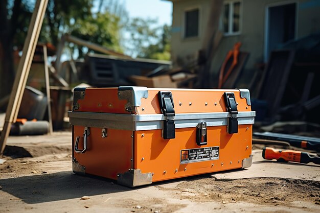 caja de herramientas metálicas en el sitio de construcción de la casa