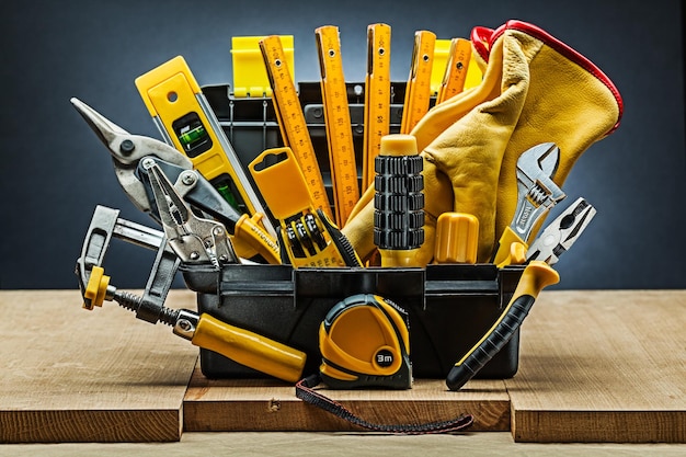 Foto caja de herramientas con muchas herramientas de construcción en tableros de madera